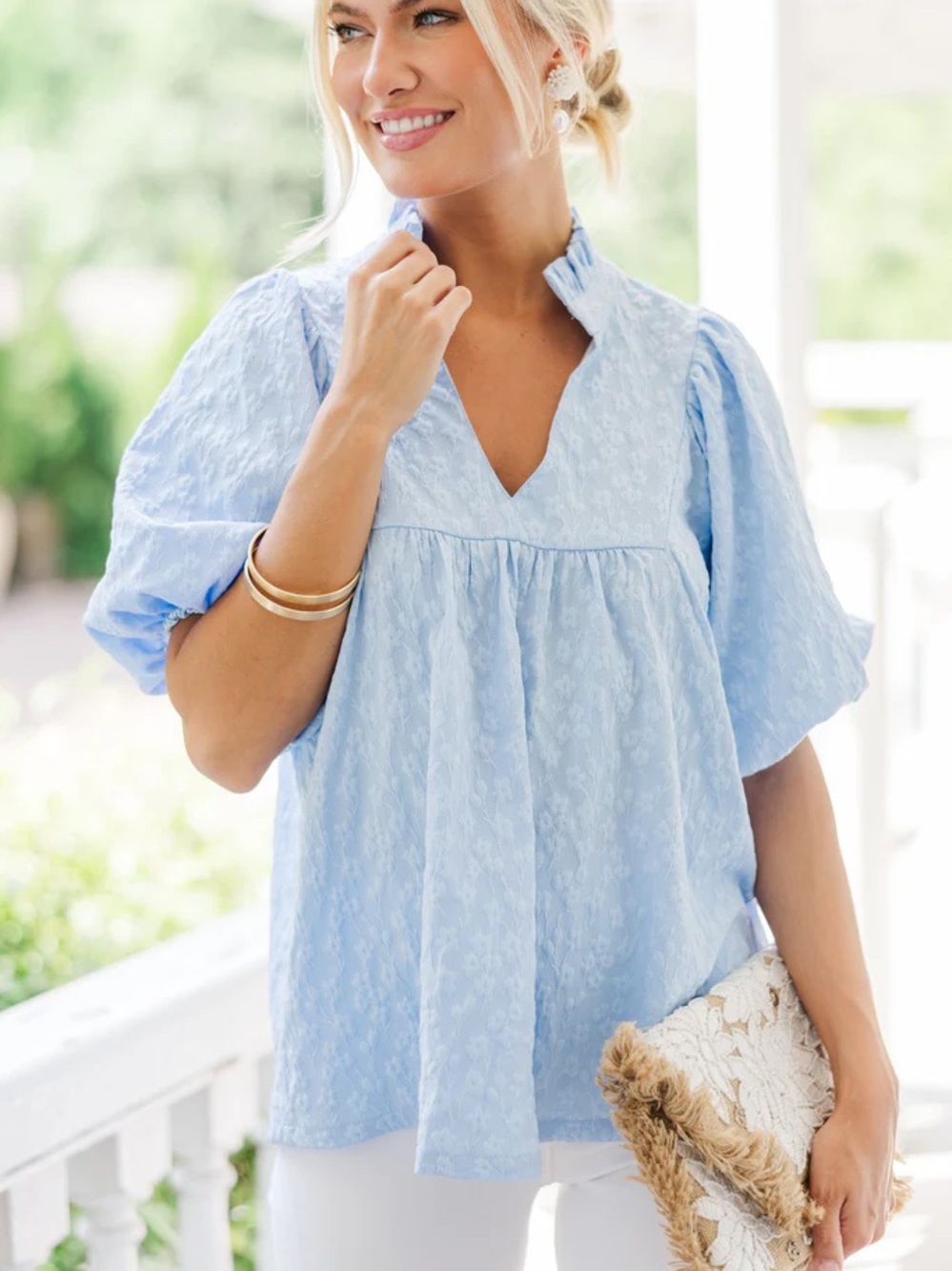 Umgee Puff Sleeves Babydoll Blouse